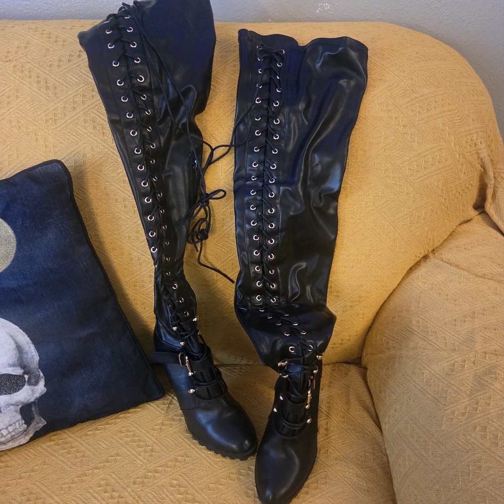 Black Lace-Up Over-the-Knee Boots